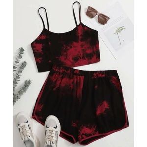 SHEIN | cropped cami & shorts set in bleach wash red & black tie dye, size 2X